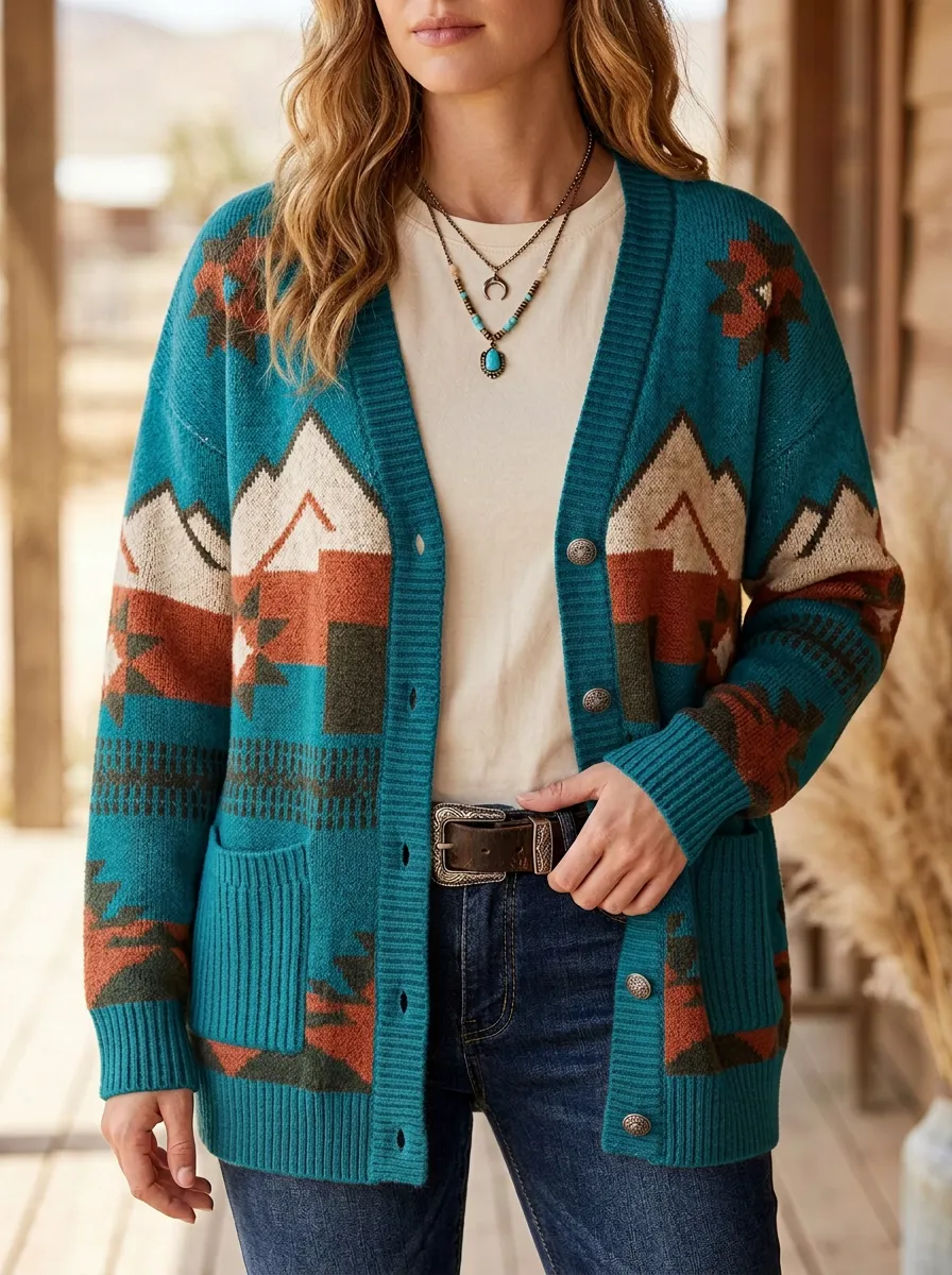 Women's Western Boho Mountain Geometric Pattern Printed Cardigan