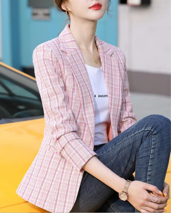 Open-Front Plaid Patterned Tweed Tailored Blazer
