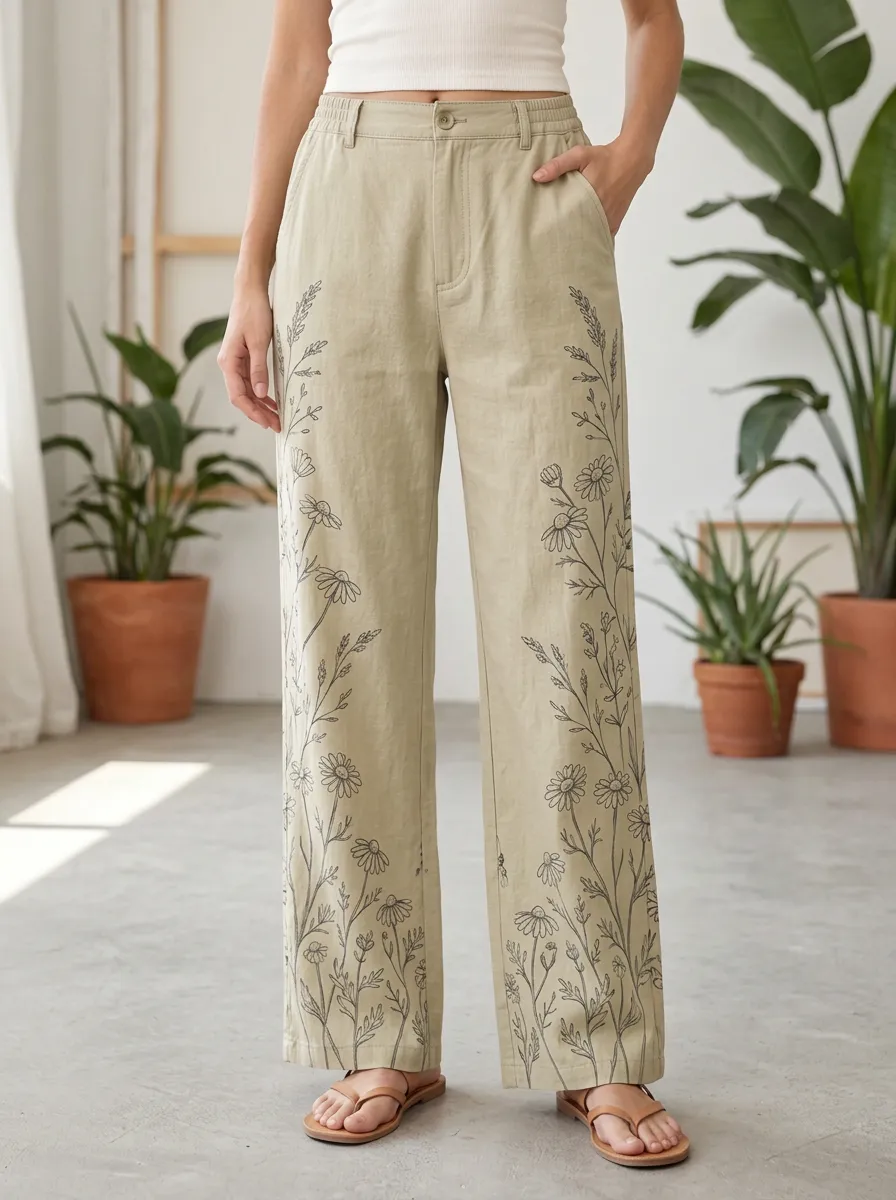 Women's Botanical Daisy Floral Printed Wide Leg Pants