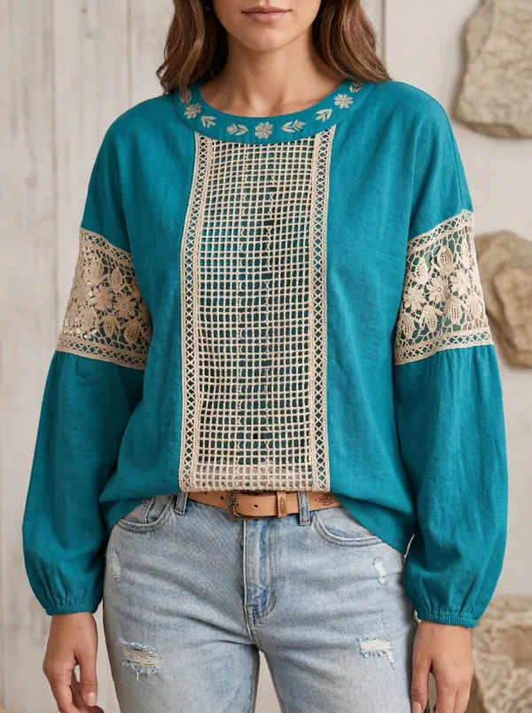 Women's Western B3 Boho Crochet Lace Panel Long Sleeve Top