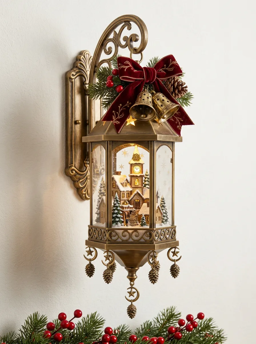 Village Scene Bell Bow Decorated Christmas Wall Light