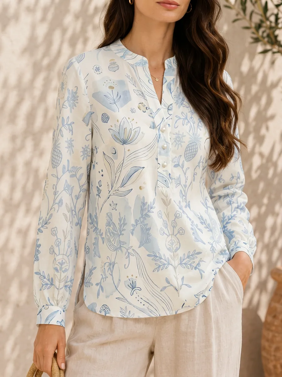 Women's Botanical Floral Blue Watercolor Printed V-Neck Blouse
