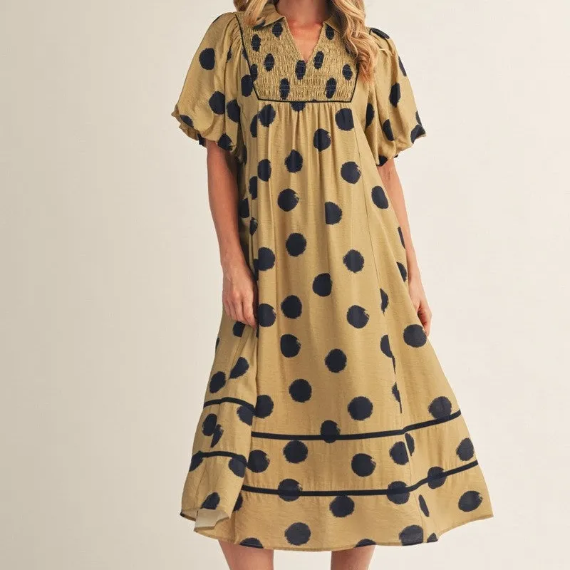Polka Dot Smocked Puff Sleeve Collared Dress