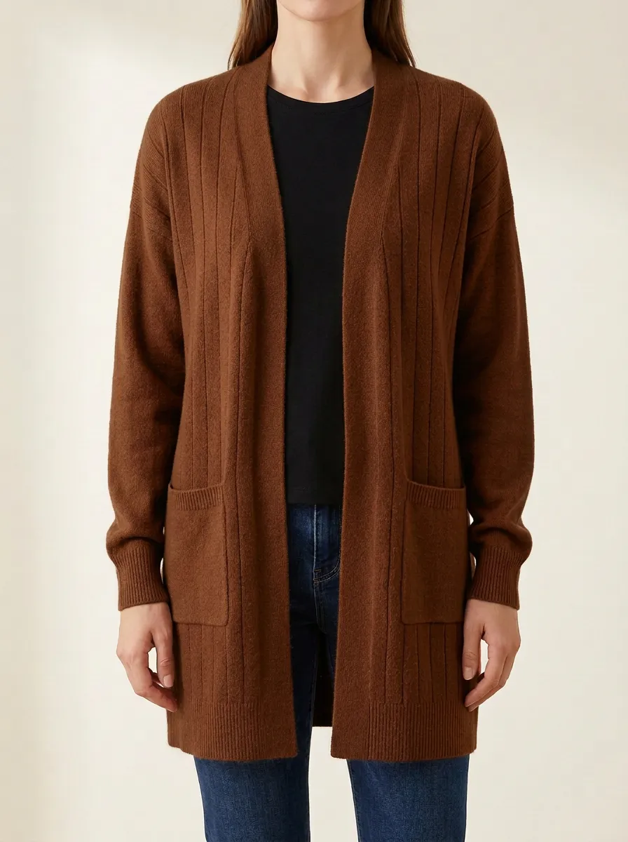 Relaxed Ribbed-Knit Open-Front Knit Cardigan