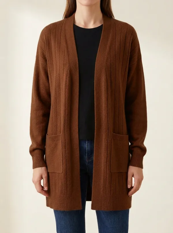 Relaxed Ribbed-Knit Open-Front Knit Cardigan
