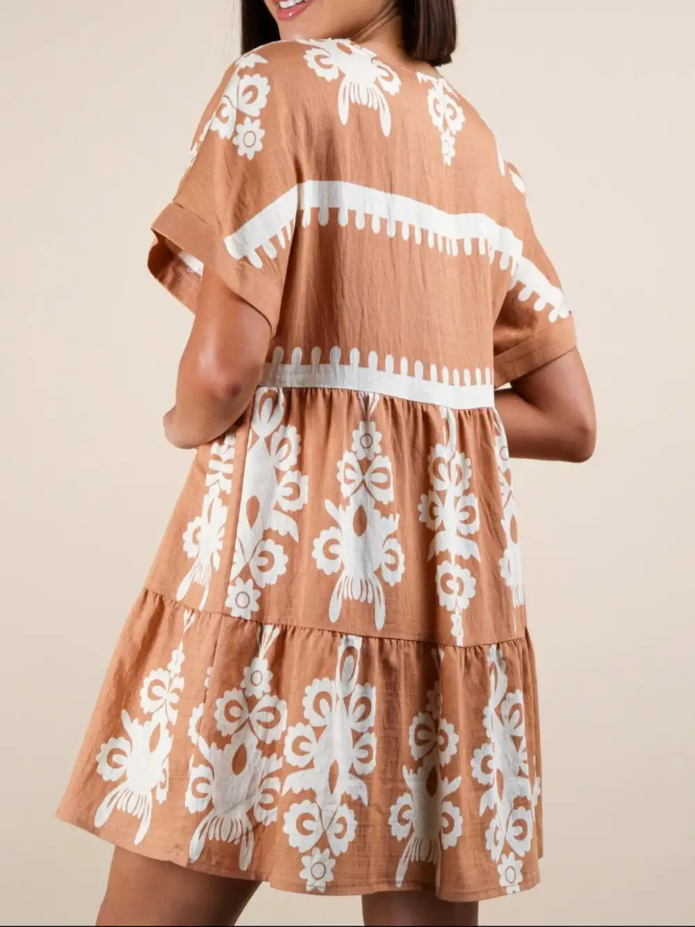 Printed V Neck Short Sleeve Mini Dress