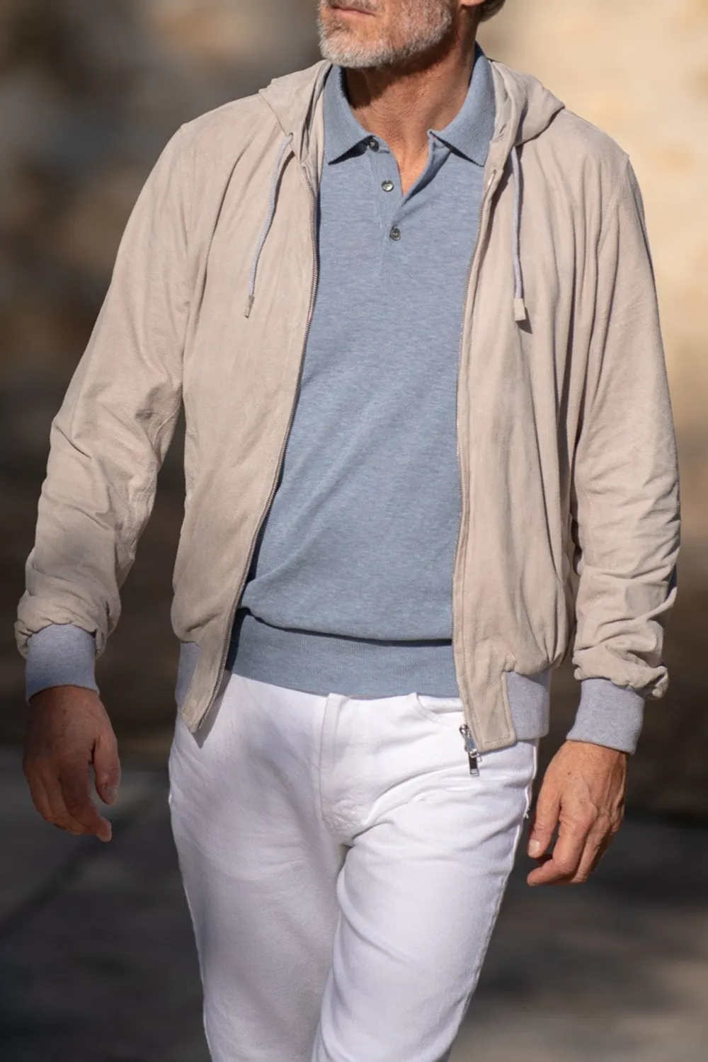 Stone Suede Hooded Bomber Jacket
