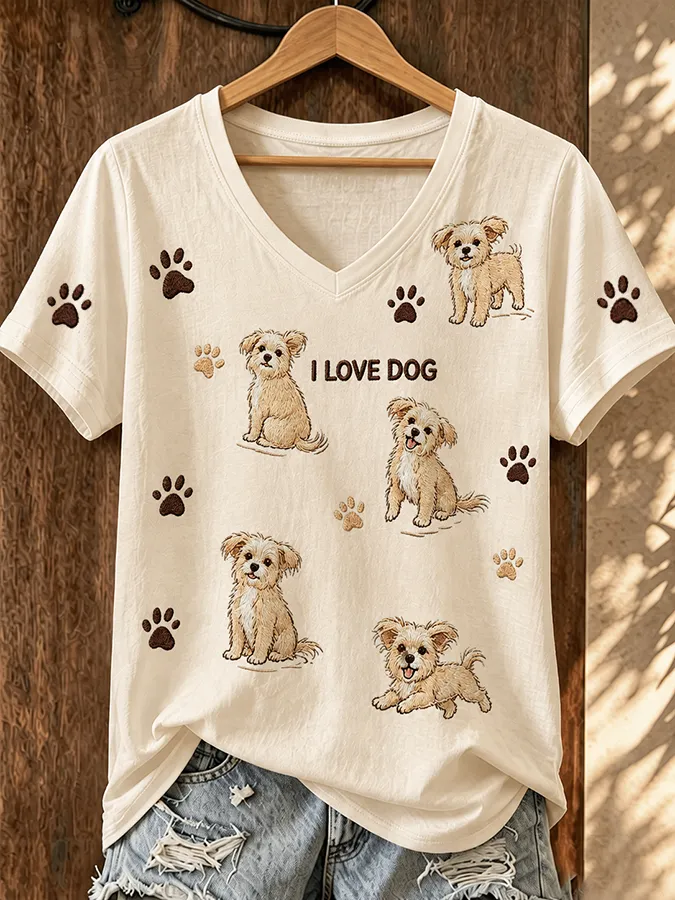 Women's Short-Sleeve T-Shirt with Cute Dachshund and Paw Print Pattern