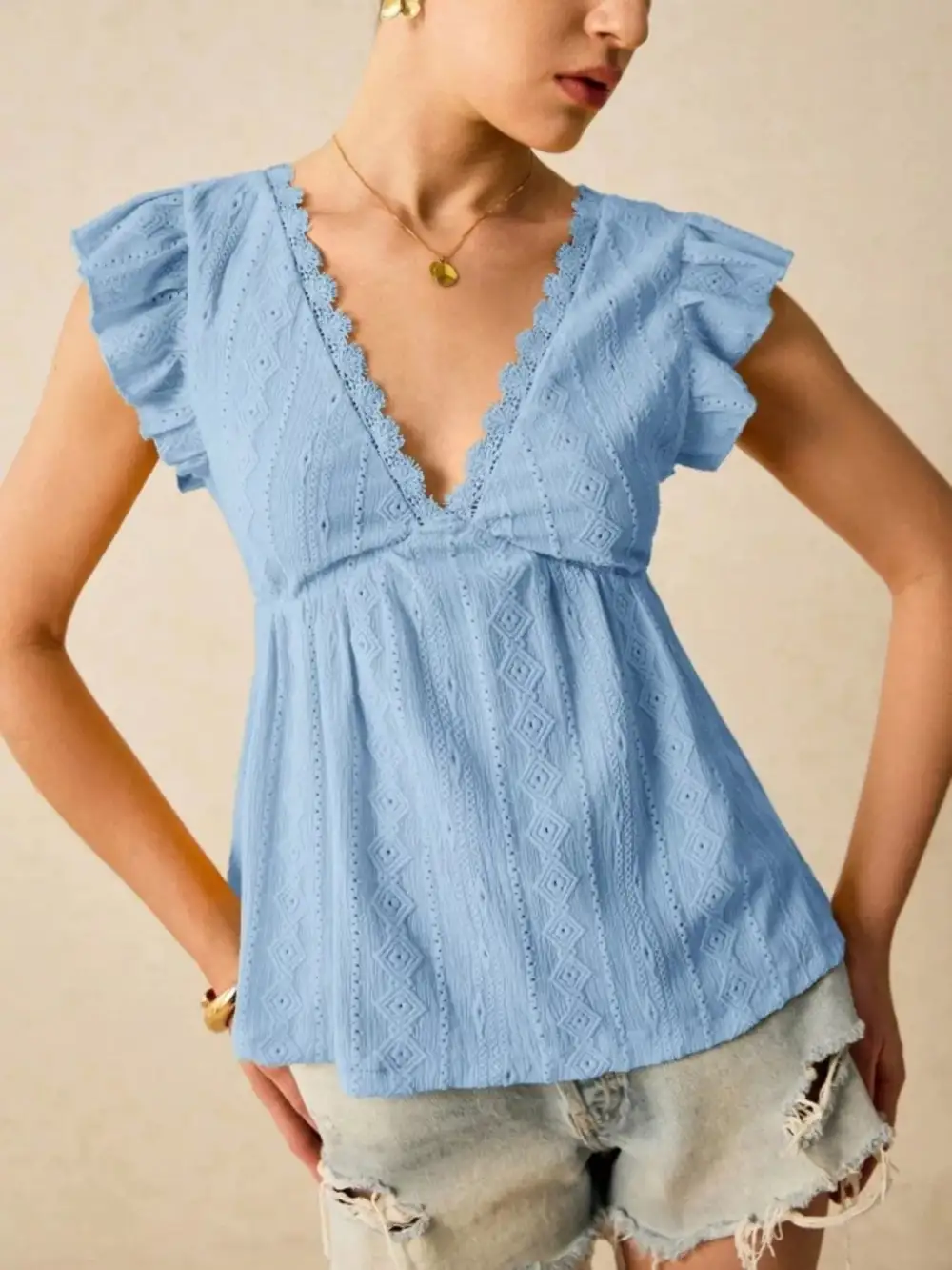 Ruffle Sleeve V Neck Blouse