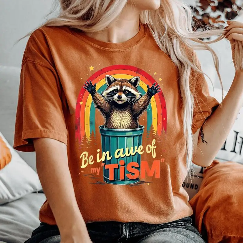 Be In Awe Of My 'Tism Autism Awareness Rainbow Raccoon Women's Oversized Comfort T-Shirt