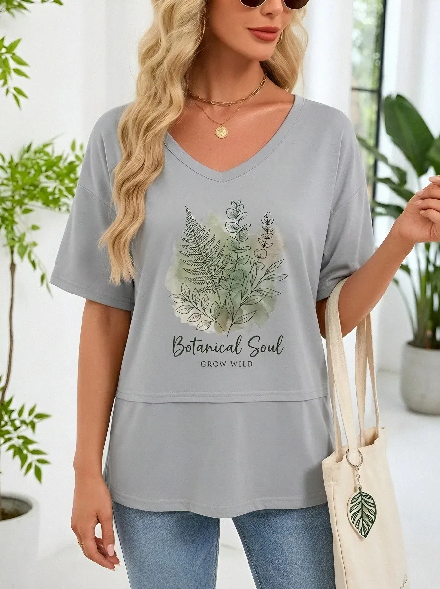 Women's Botanical Soul Fern Leaf Watercolor Printed V-neck T-shirt