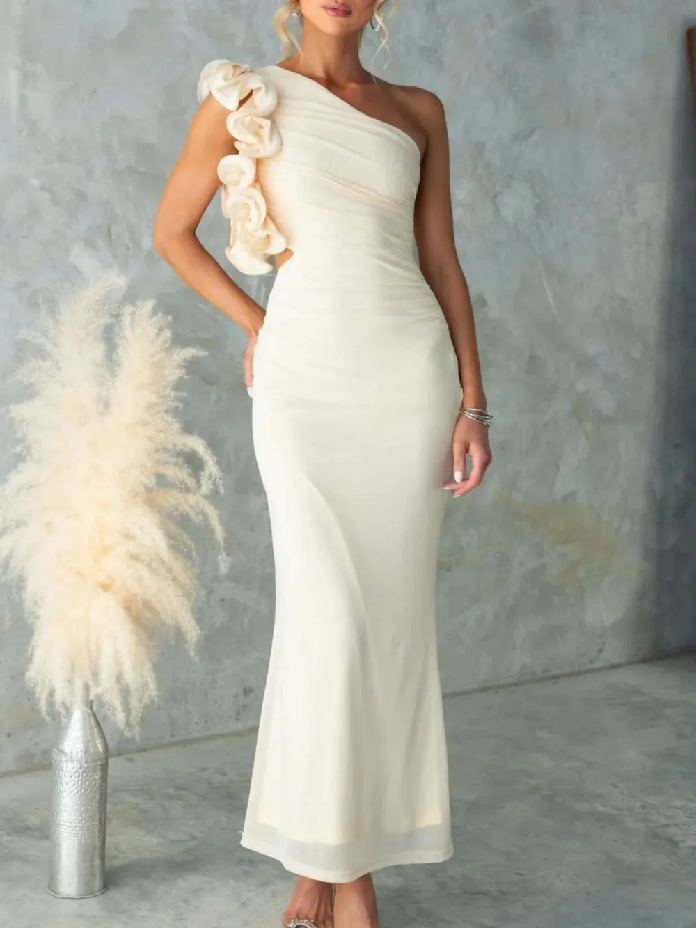 Ruched One-Shoulder Sleeveless Floral Maxi Dress