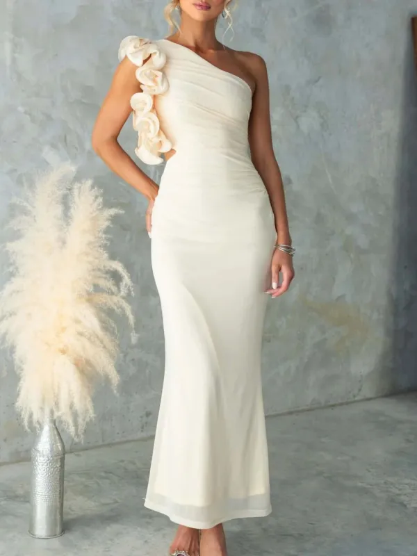 Ruched One-Shoulder Sleeveless Floral Maxi Dress