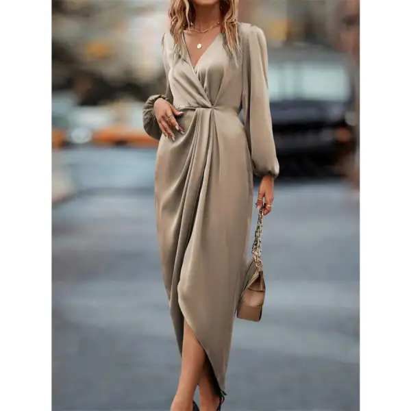 High-Low Surplice Balloon Sleeve Midi Dress