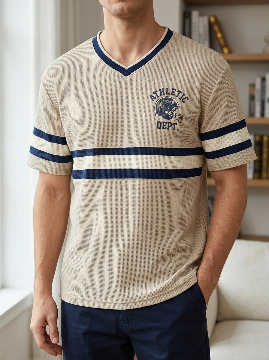 Men's Football Fan Athletic Dept Helmet Printed Waffle Knit V-Neck Top