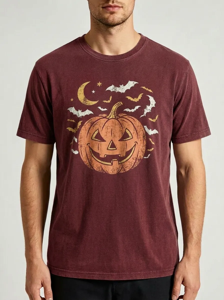 Men's Halloween Pumpkin Moon Bats Printed T-shirt