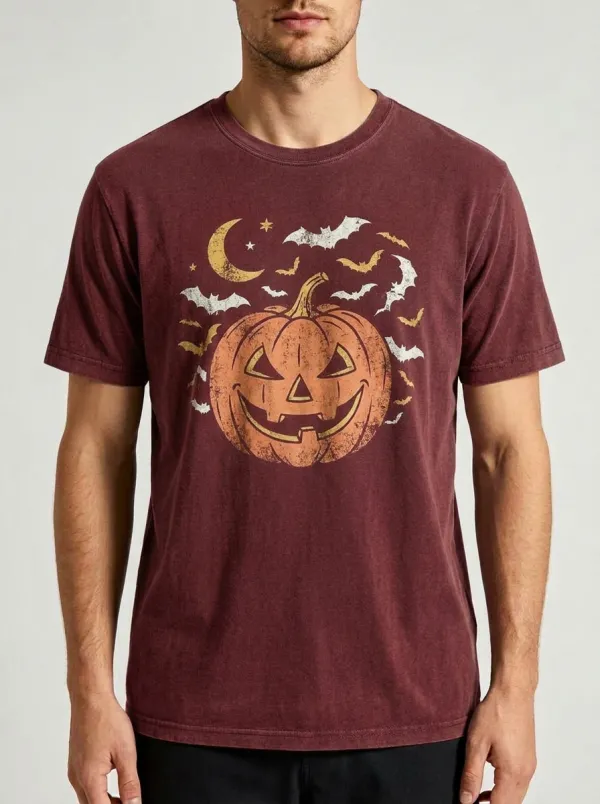 Men's Halloween Pumpkin Moon Bats Printed T-shirt