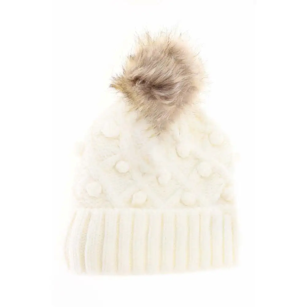 Bobble Knit Faux Fur Pom Beanie