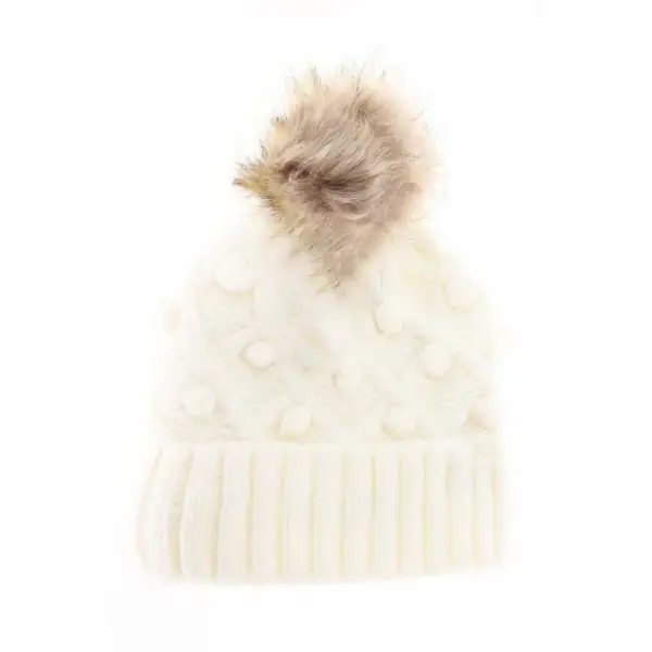 Bobble Knit Faux Fur Pom Beanie