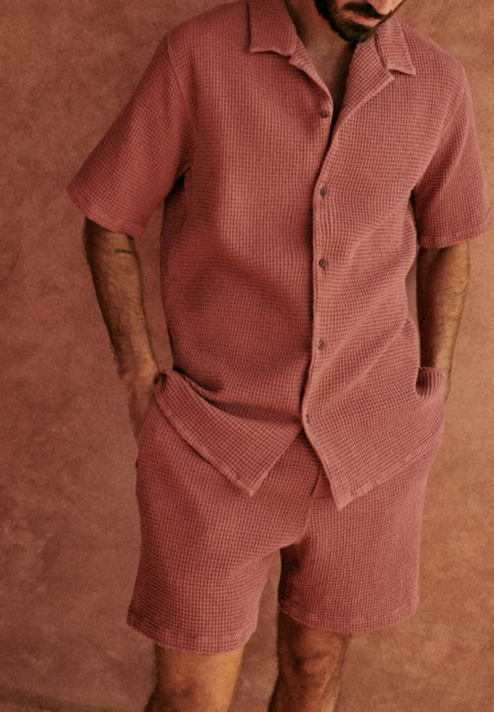 Rust Red Seersucker Textured Short Sleeve Shirt