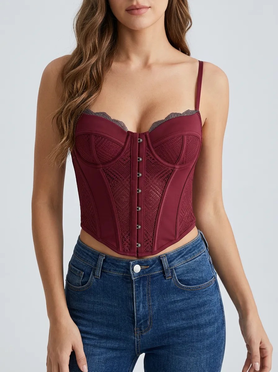 Lace-Panel Hook-and-Eye Sheer-Panel Women's Corset Top