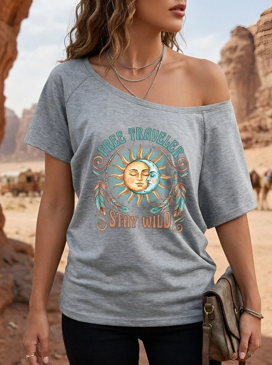 Women's Boho Traveler Sun Moon Feather Printed T-shirt