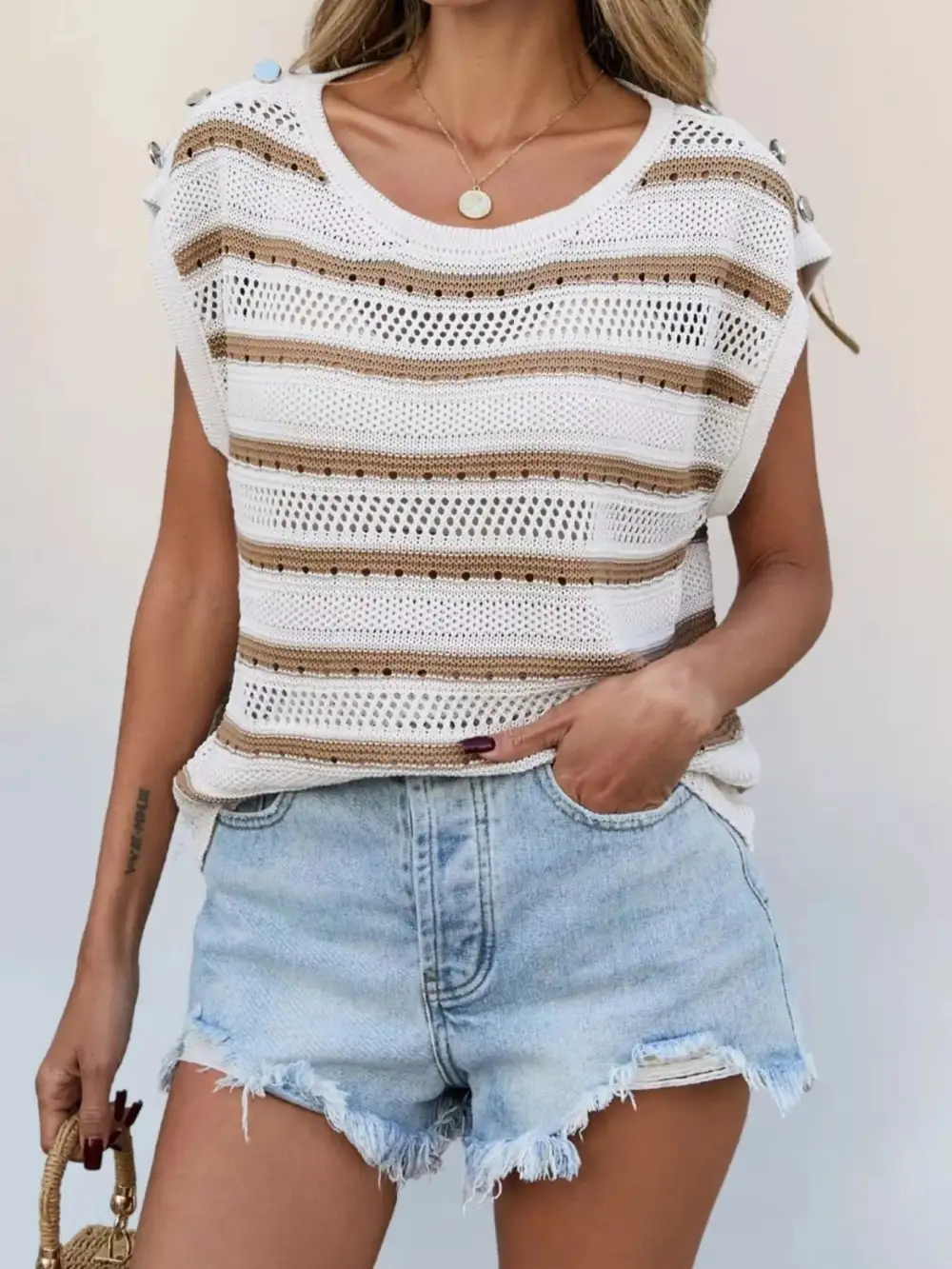 Openwork Round Neck Cap Sleeve Knit Blouse