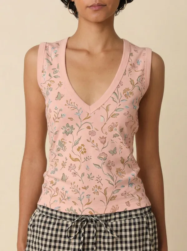 Women's Botanical Floral Butterfly Printed V-Neck Tank Top