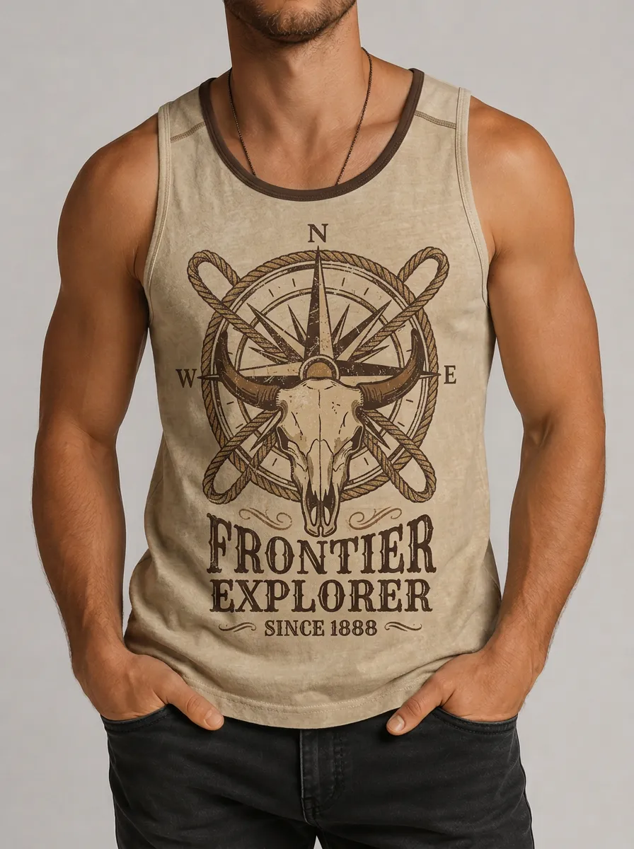 Men's Western Frontier Explorer Bull Skull Compass Printed Tank Top