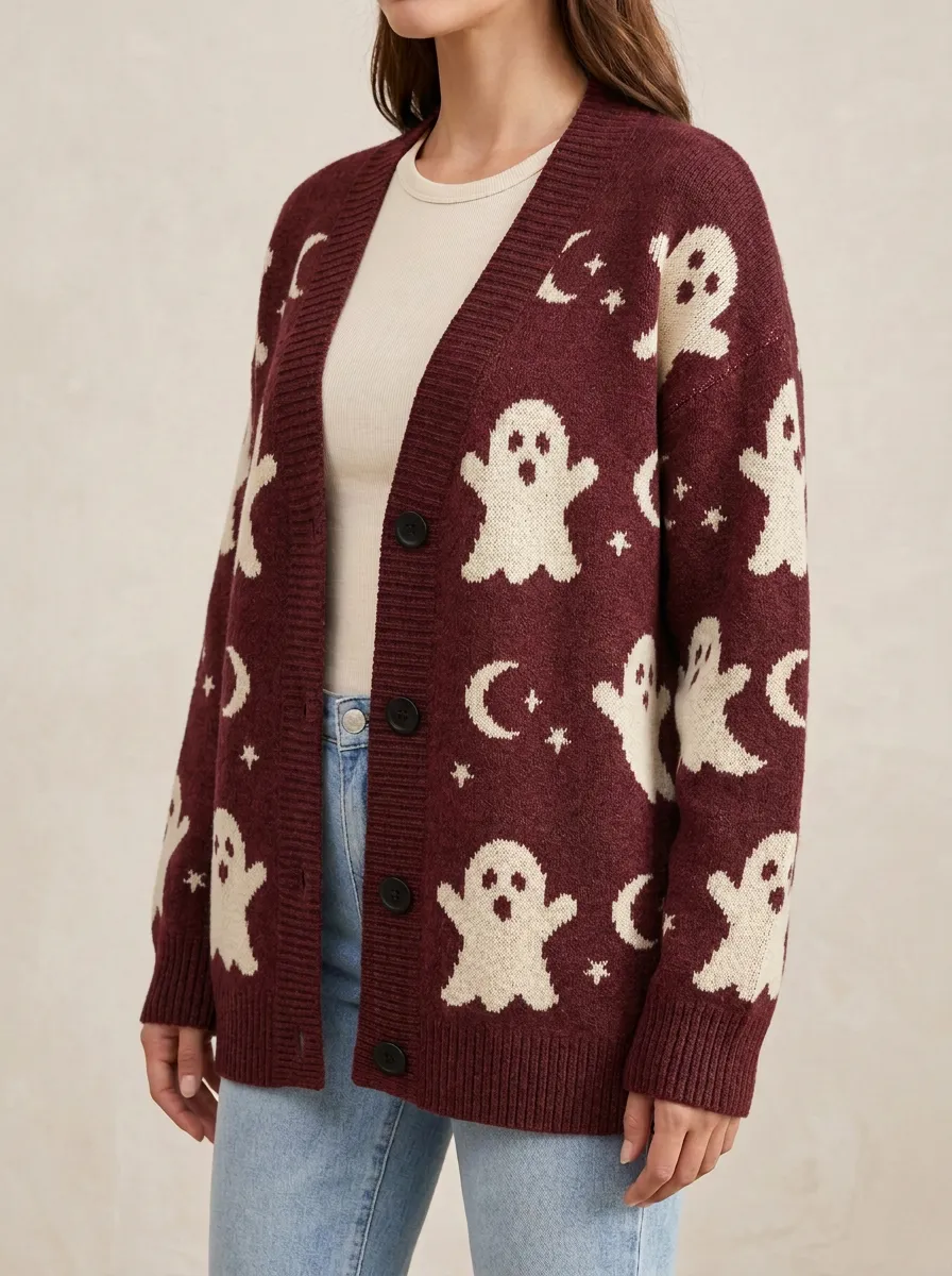 Women's Halloween Ghost Moon Star Pattern Knitted Cardigan