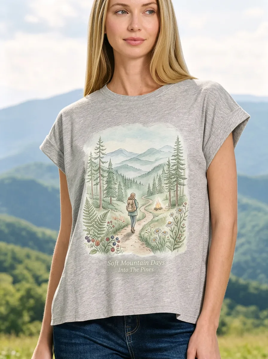 Women's Hiking Nature Lover Mountain Forest Campfire Printed T-shirt