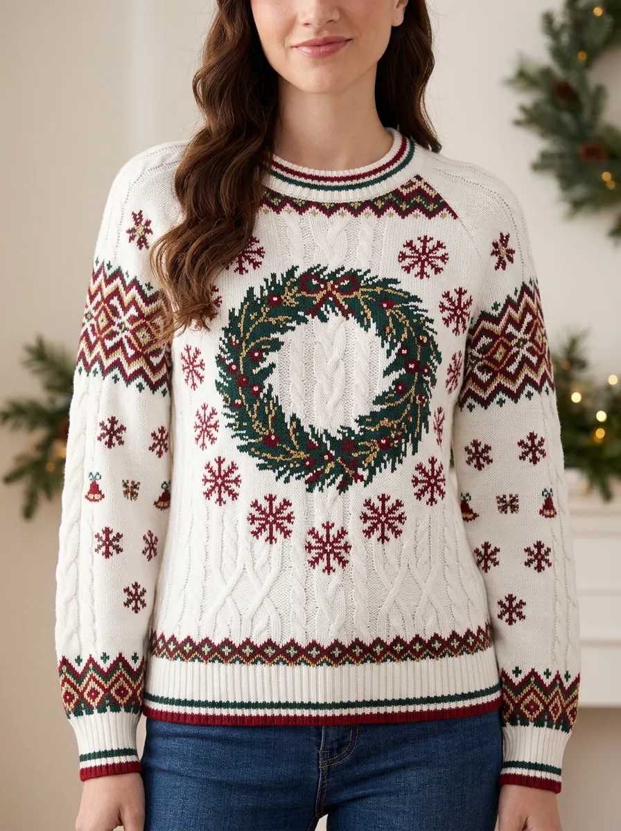 Christmas Holiday Wreath Snowflake Pattern Knitted Sweater