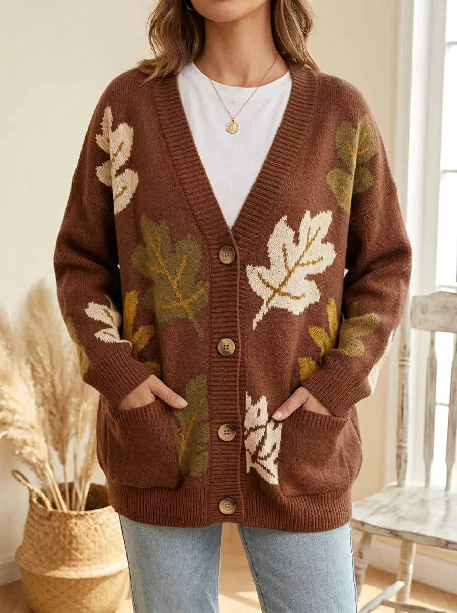 Botanical Look Maple Leaf Pattern Patterned Women's Knit Cardigan