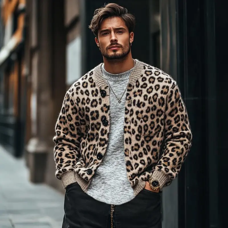 Ribbed Button Leopard Print Cardigan