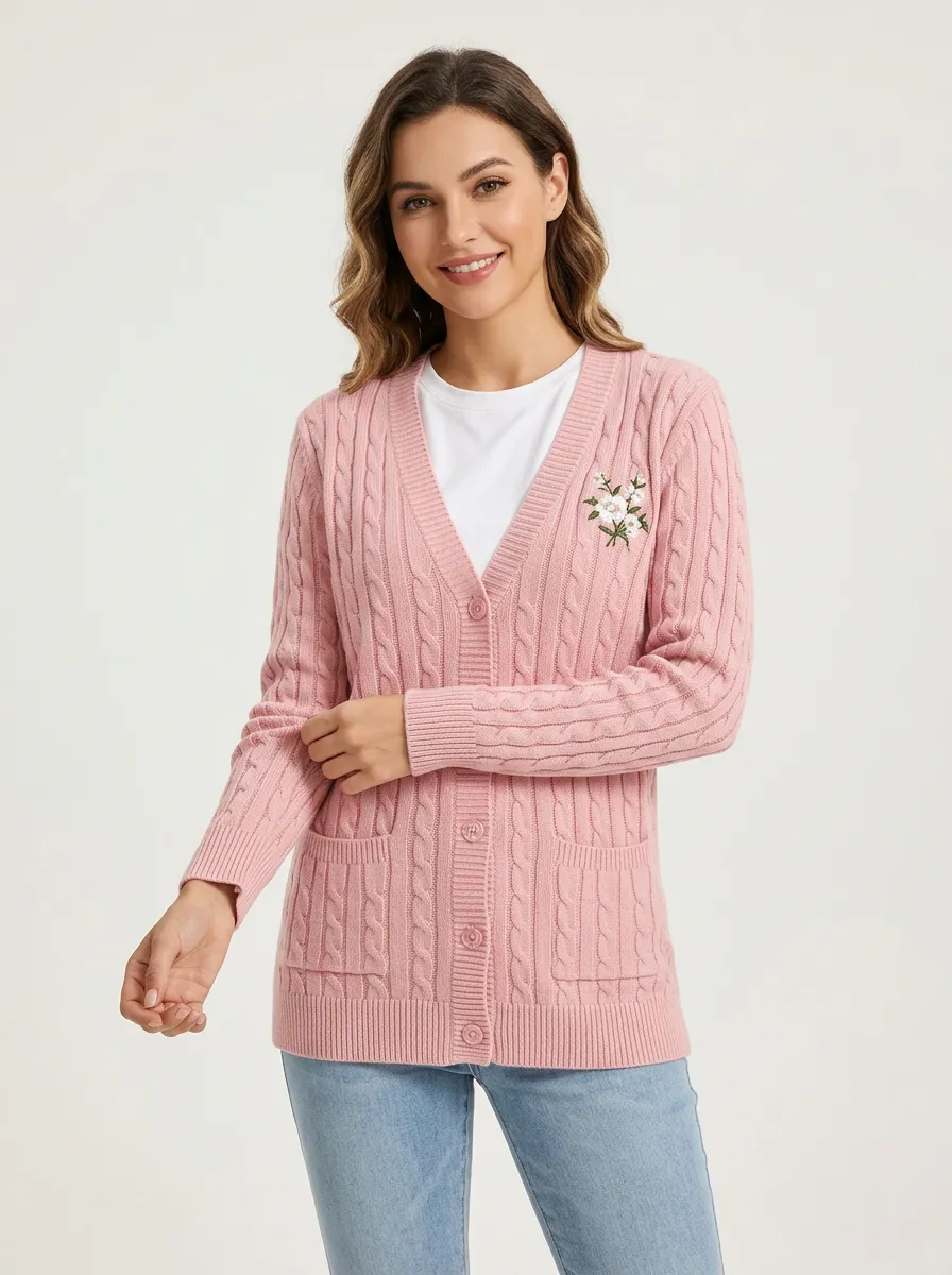 Women's Floral Lover Pink Cable Knit Embroidered Cardigan