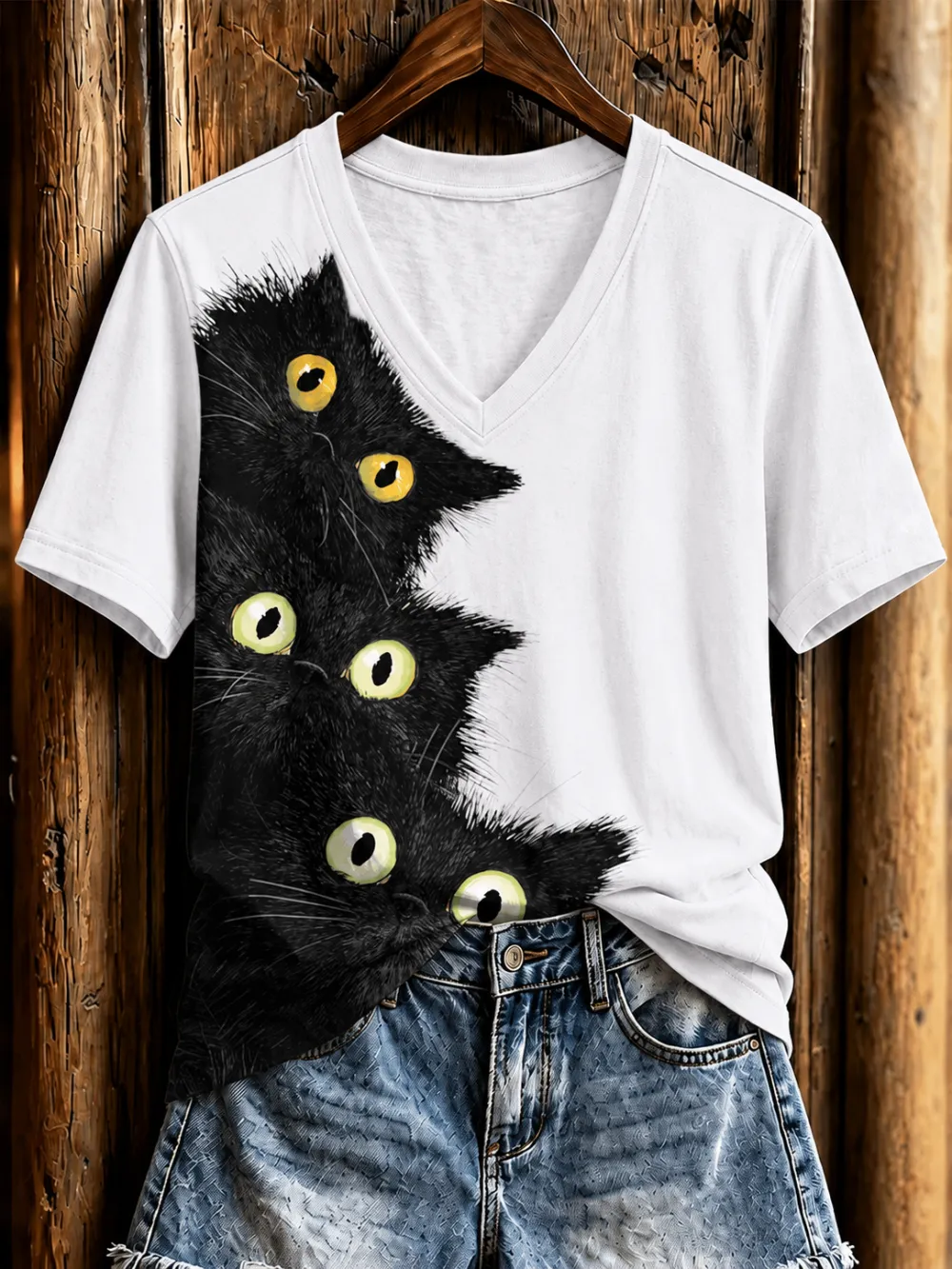 Women's Halloween Cat Art Printed Casual T-Shirt