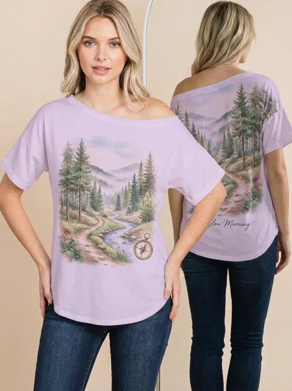 Women's Nature Hiking Compass Forest Landscape Printed T-shirt