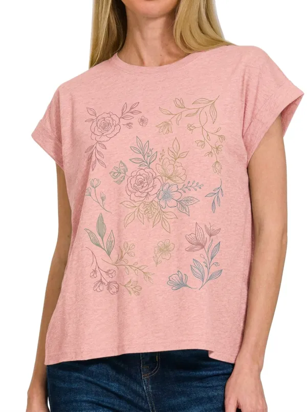 Women's Floral Lover Botanical Line Art Printed T-shirt