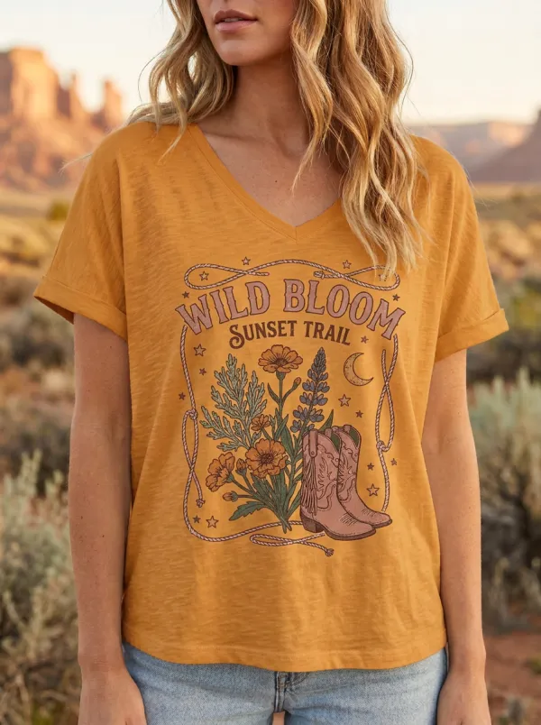 Cowboy-Boot Cowboy Wild-Bloom Western V-Neck T-Shirt