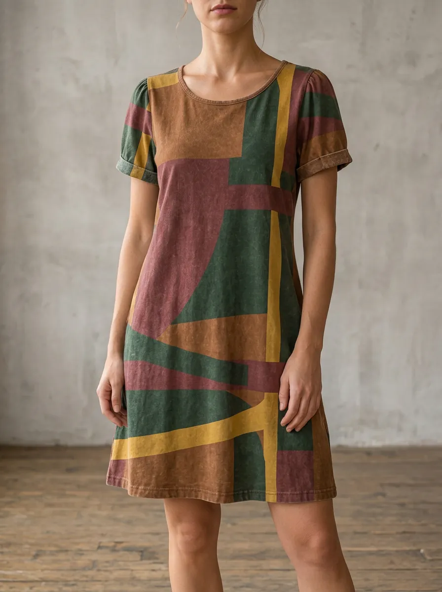 Women's Geometric Print Crew Neck Shift Dress