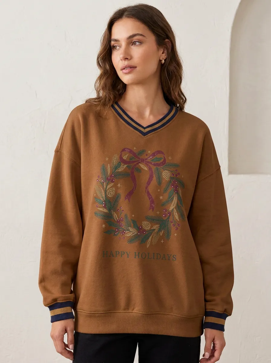 Christmas Holiday Wreath Bow Print Sweatshirt