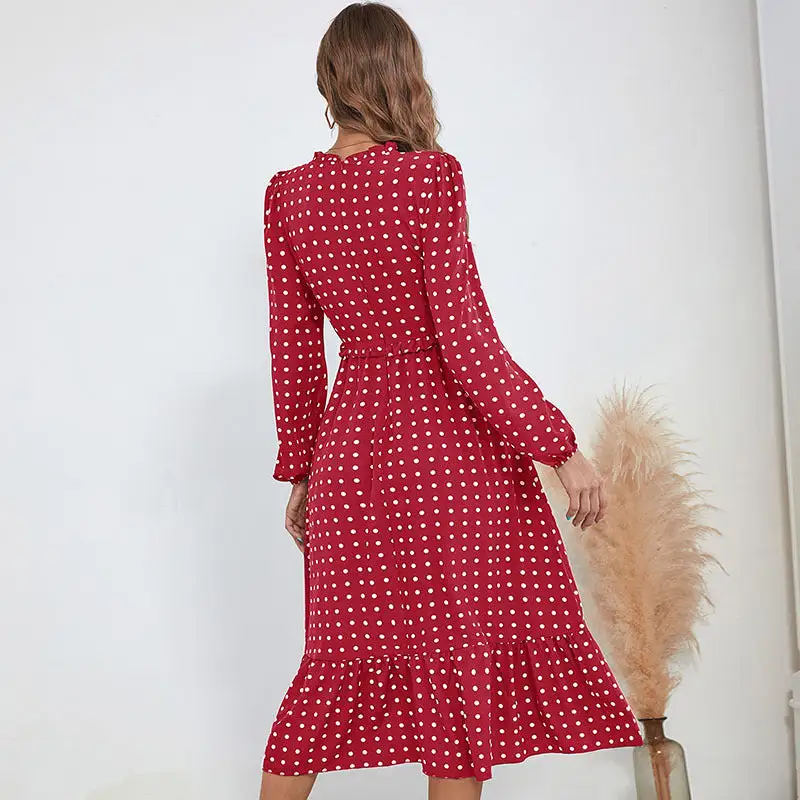 Women's Long-Sleeve Polka-Dot Ruffled Evening Maxi Dress