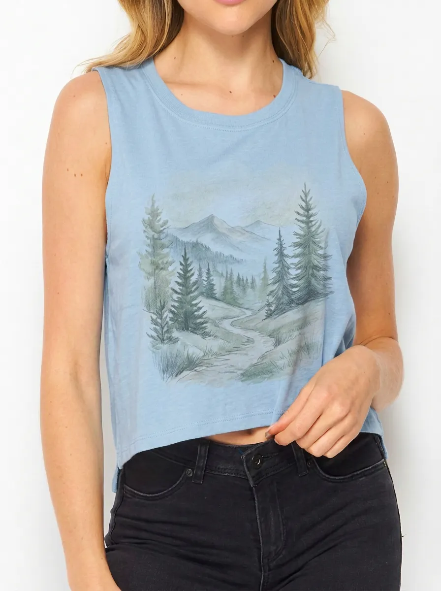 Women's Nature Lover Mountain Forest Path Printed Tank Top