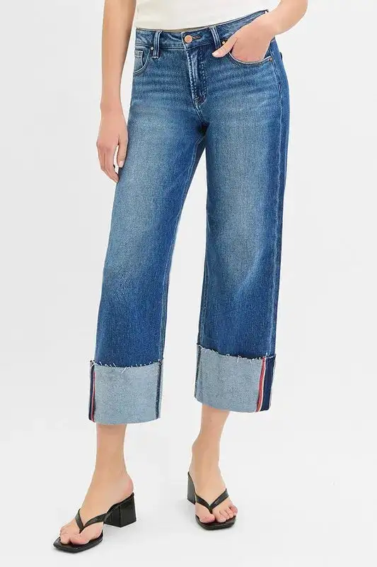 Full Size Tummy Control Mid Rise Crop Wide Cuffed Jeans Plus Size