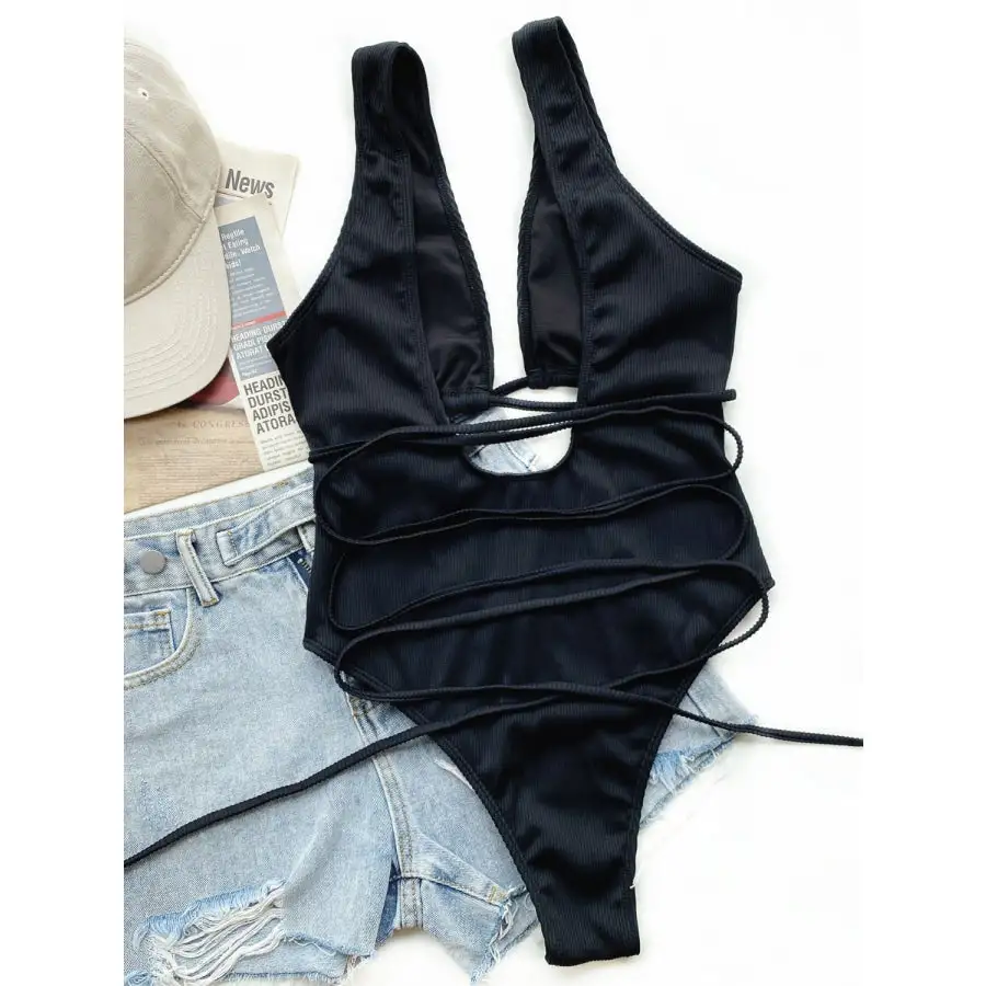 Women's Ribbed Lace-Up One-Piece Swimsuit