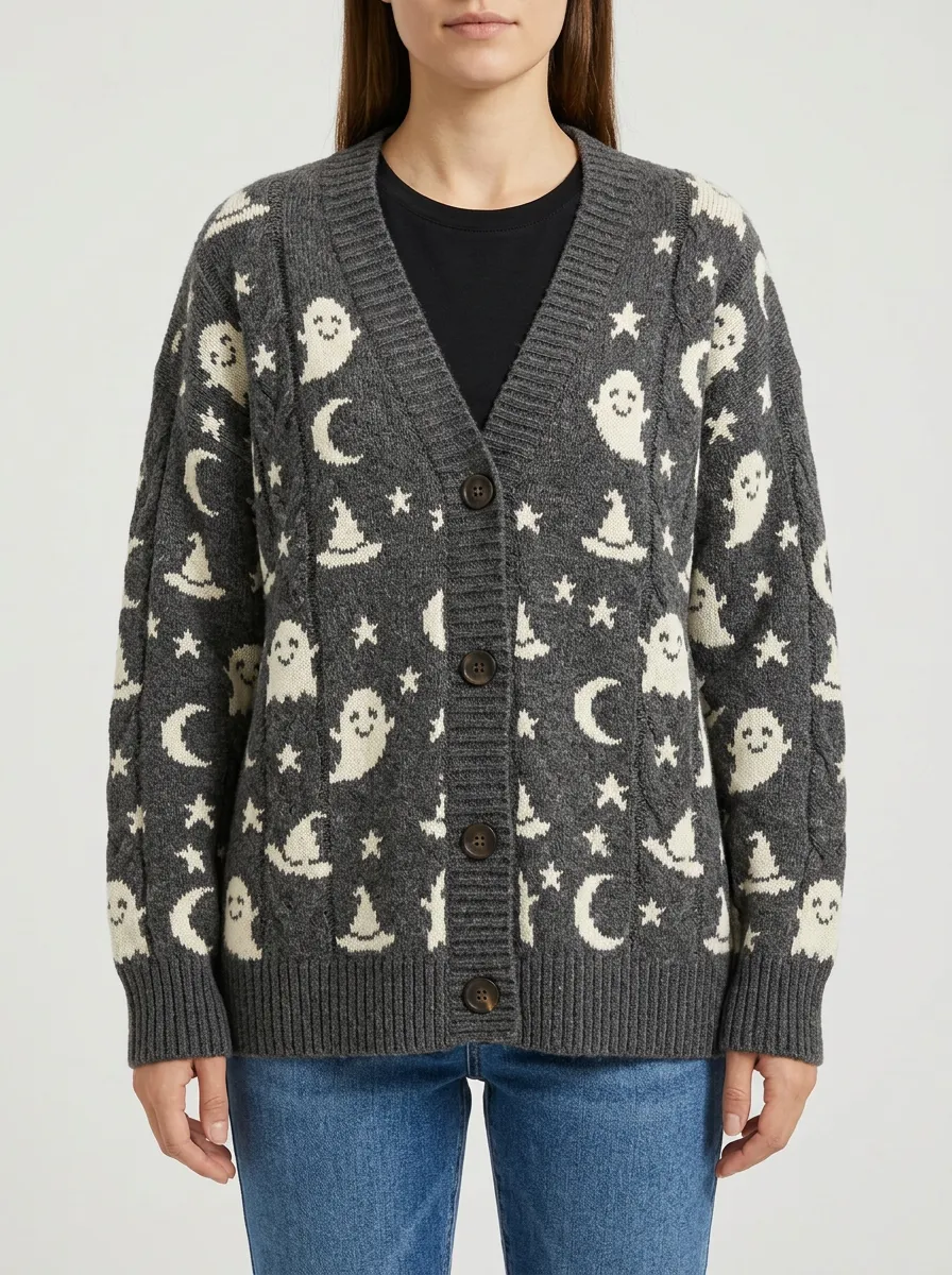 Women's Halloween Ghost Moon Witch Hat Patterned Knit Cardigan