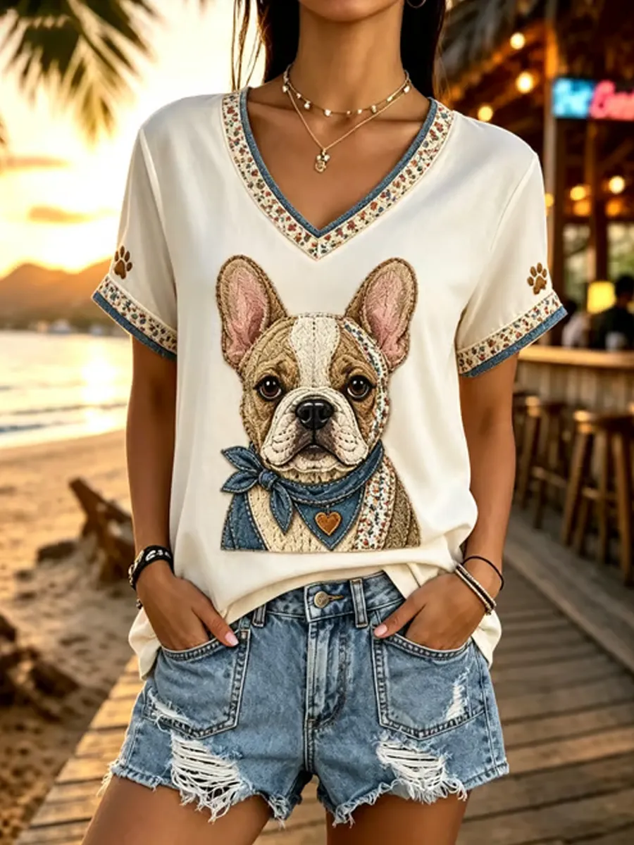 Women's French Bulldog Print Comfortable V-Neck T-Shirt