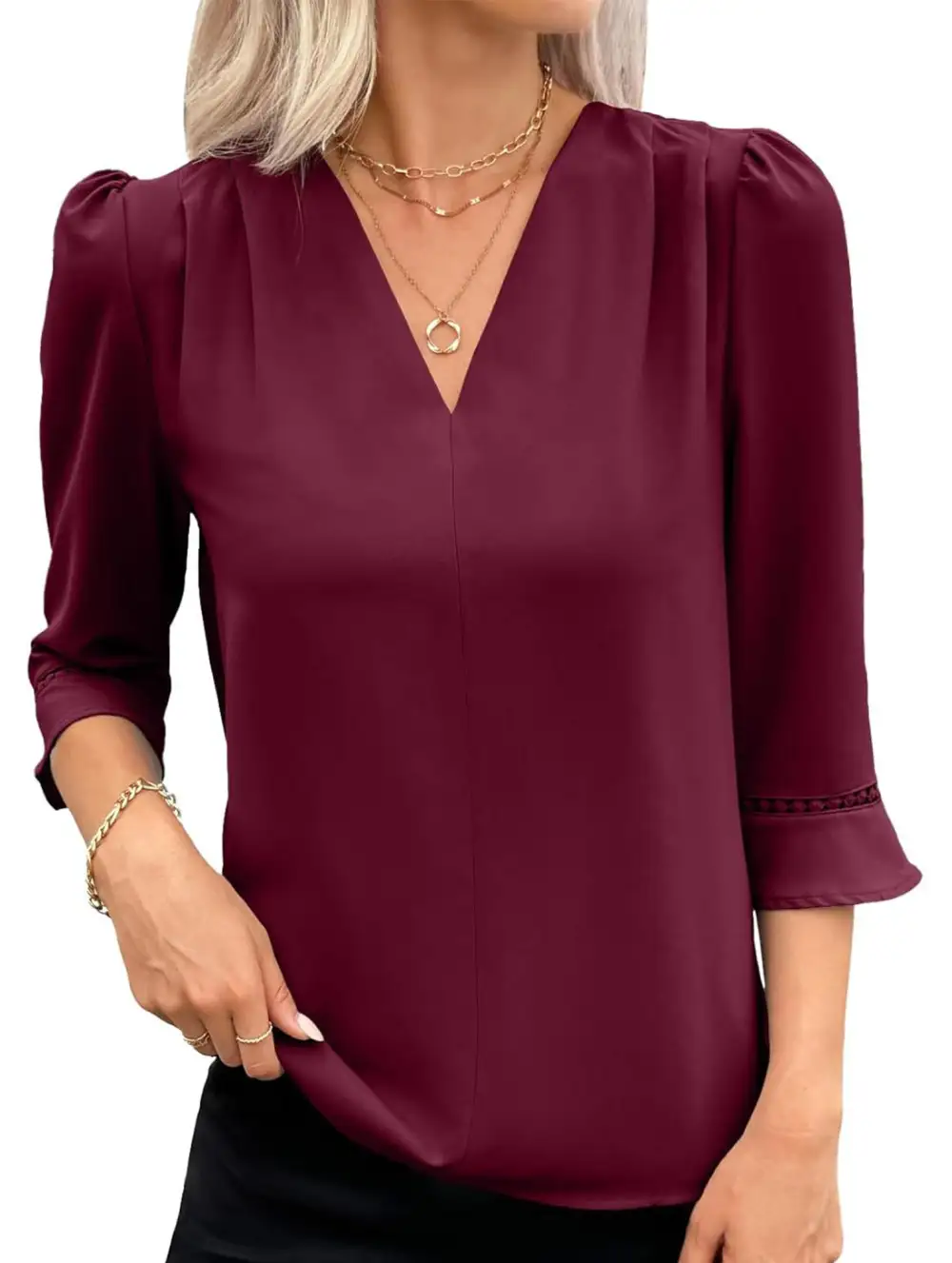 V Neck Office Three Quarter Sleeve Blouse