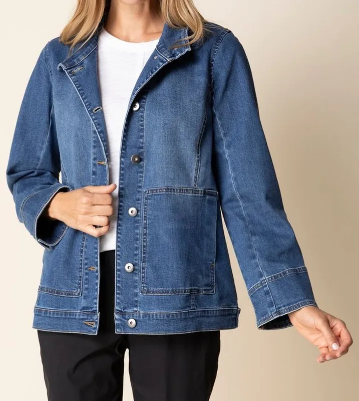 Cotton Denim Collared Button-Front Jacket