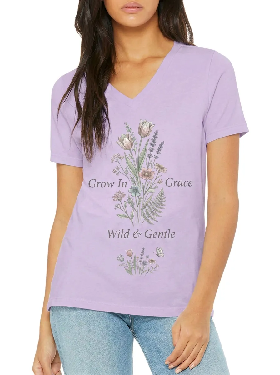 Women's Grow In Grace Wildflower Butterfly Printed V-Neck T-Shirt